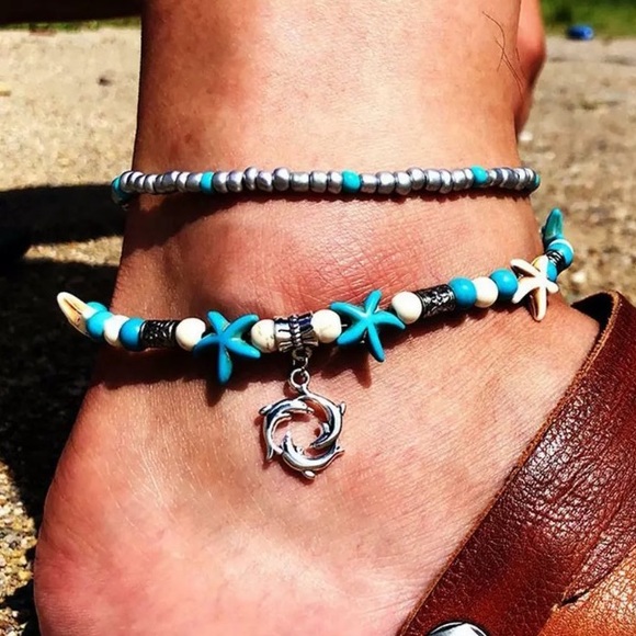 Dolphin Starfish Silver Toned Turquoise Beaded Boho Anklet - Picture 2 of 7